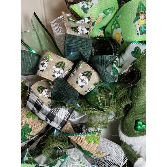 Handmade St. Patrick’s Day Lucky and Gnome it Ribbon Prelit Wreath 22 in LED W15 - Picture 8 of 12